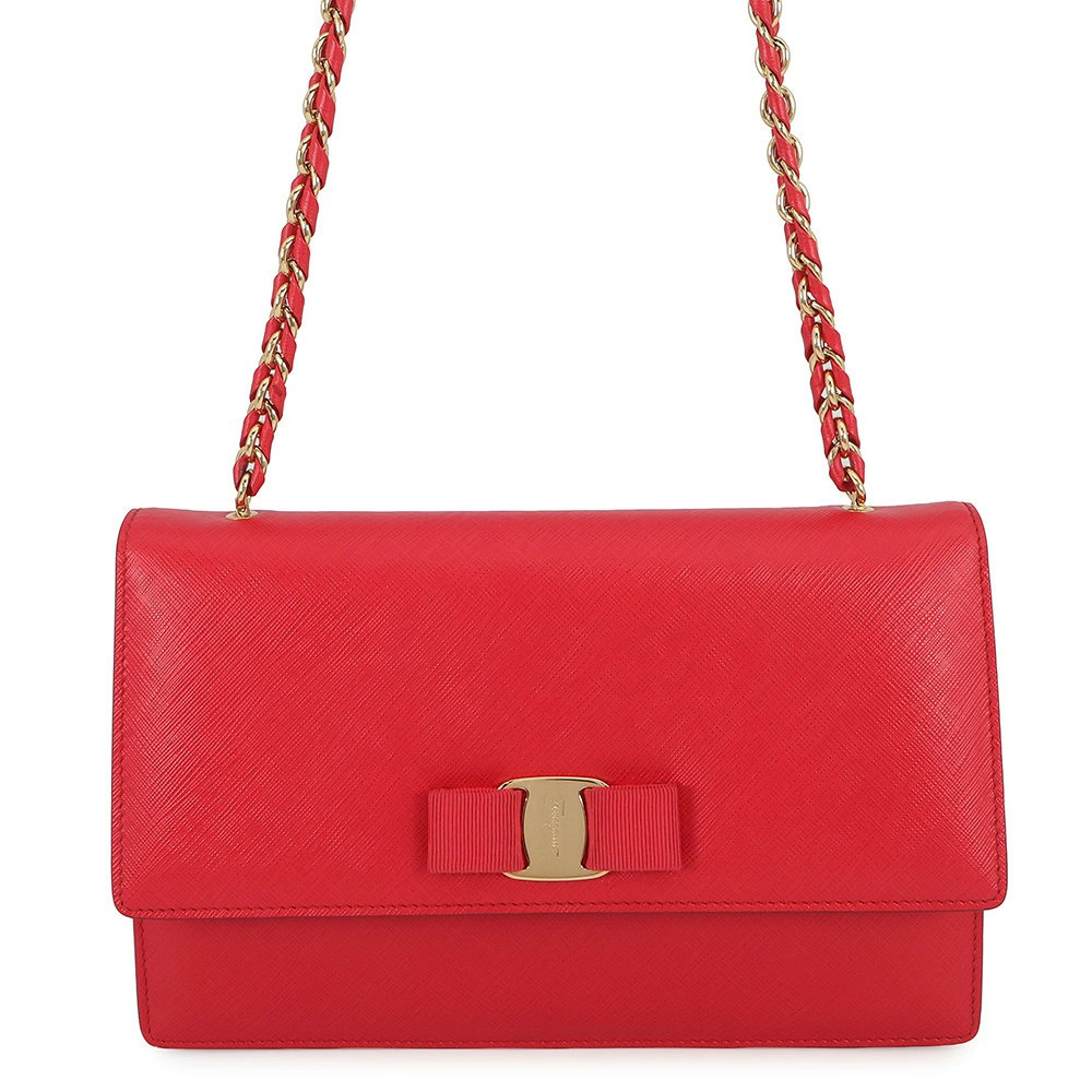Salvatore Ferragamo Chain Shoulder Bag GINNY Vara Ribbon Leather